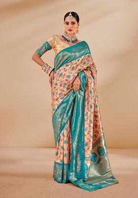 Cream Printed Tissue Saree Set