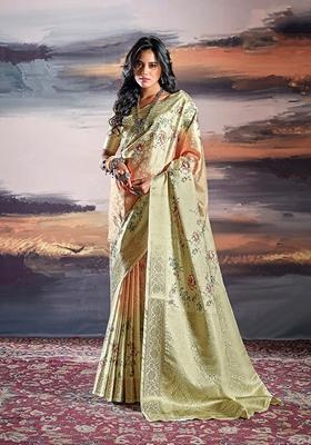 Light Green Printed Satin Saree Set