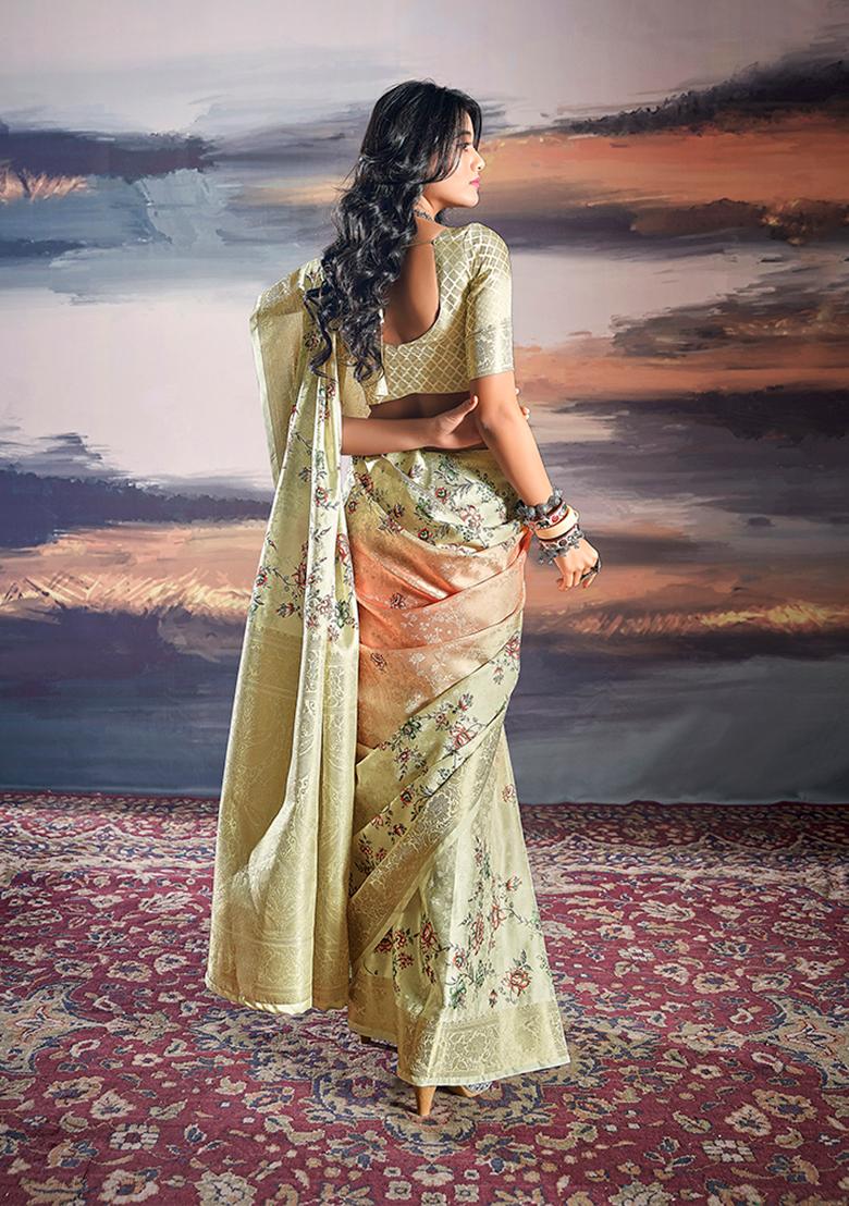 Light Green Printed Satin Saree Set