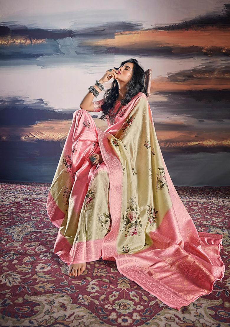 Light Green Printed Satin Saree Set