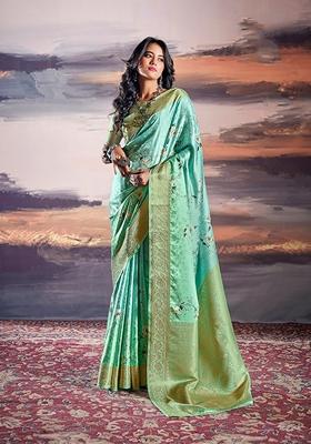Turquoise Blue Printed Satin Saree Set