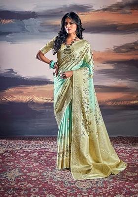 Aqua Blue Printed Satin Saree Set