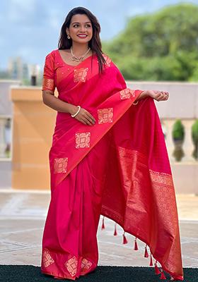 Pink Woven Design Soft Silk Saree Set