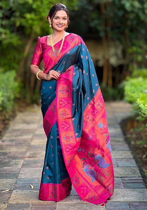 Rama Blue Woven Design Paithani Silk Saree Set