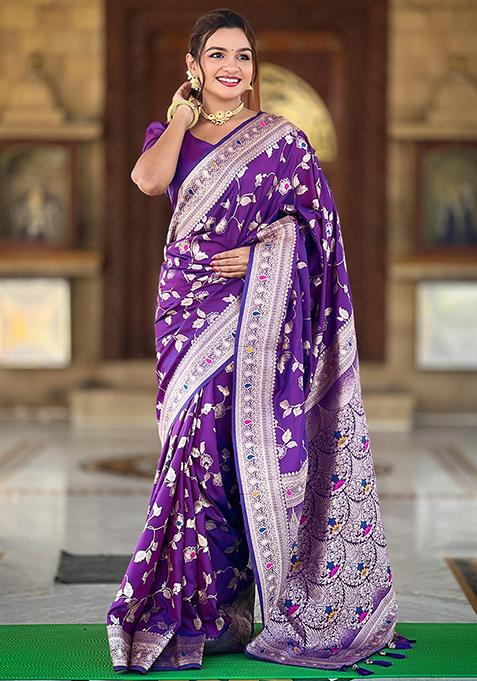 Purple Woven Design Banarasi Silk Saree Set