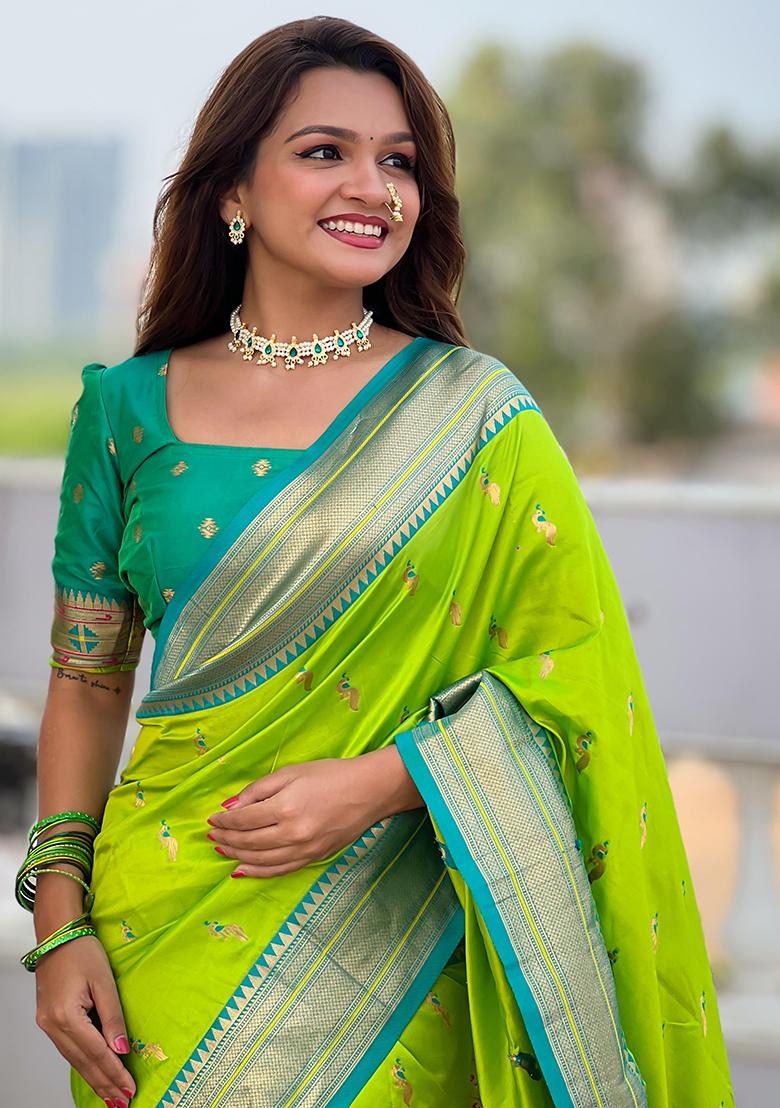 Popati Green Woven Design Paithani Silk Saree Set