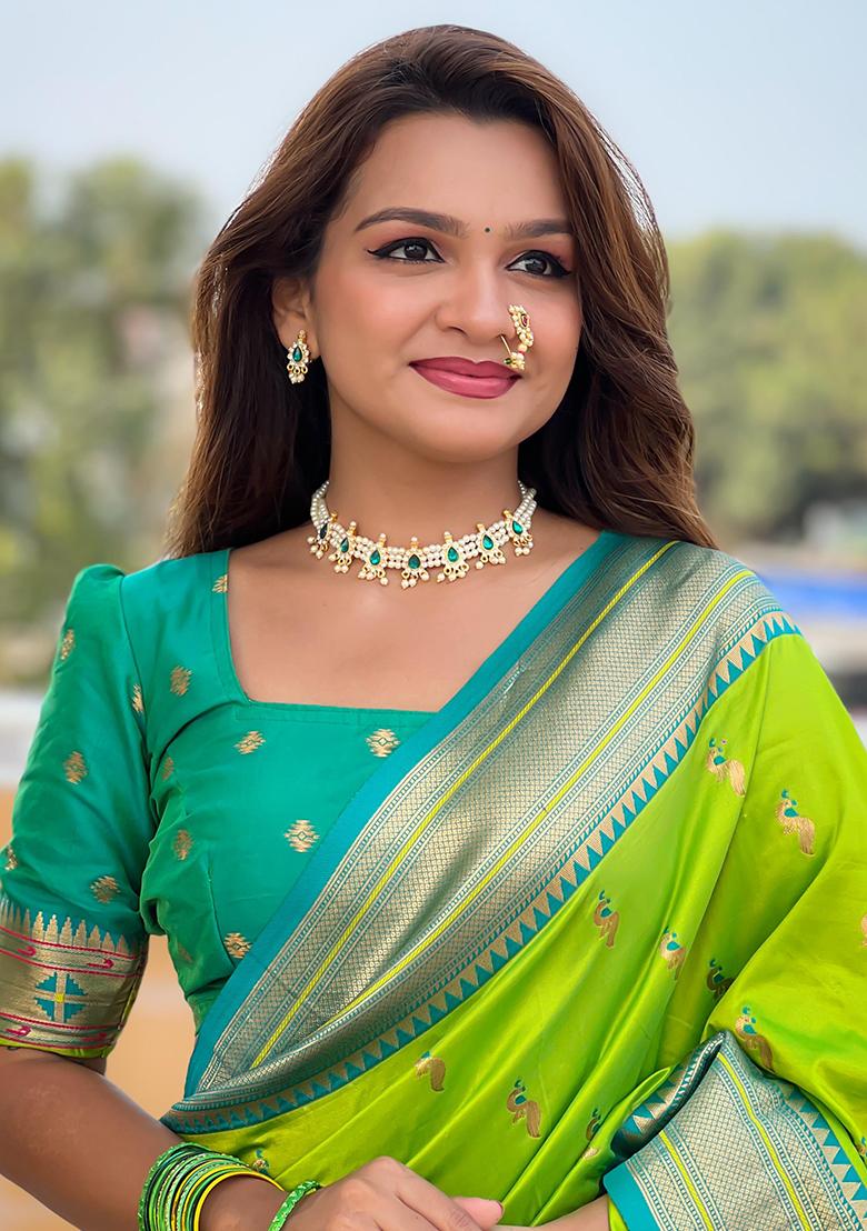 Popati Green Woven Design Paithani Silk Saree Set