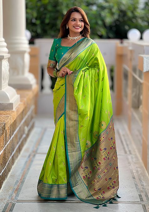 Popati Green Woven Design Paithani Silk Saree Set