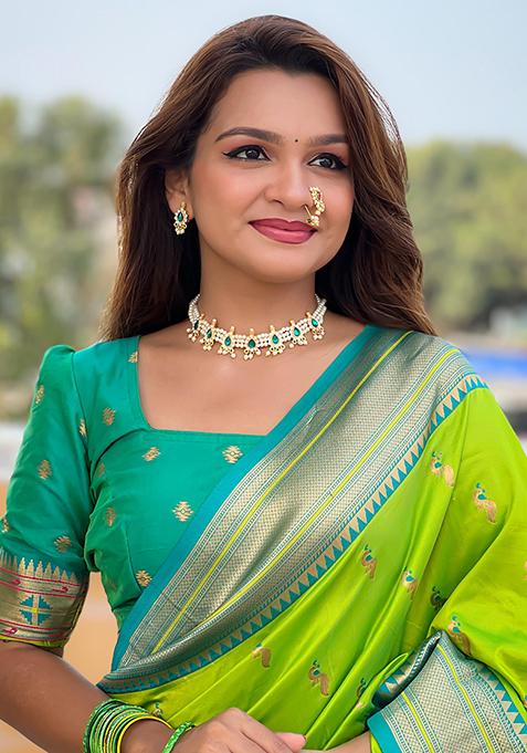 Popati Green Woven Design Paithani Silk Saree Set
