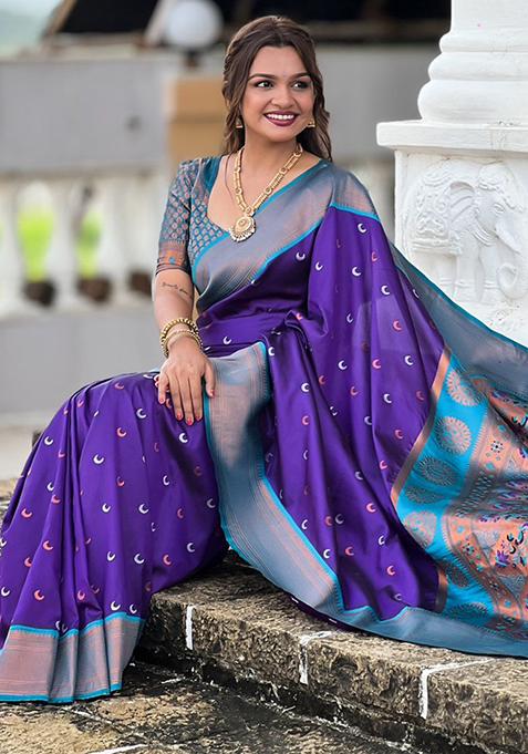 Purple Woven Design Paithani Silk Saree Set