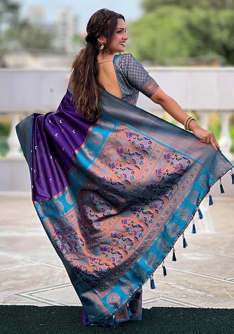 Purple Woven Design Paithani Silk Saree Set