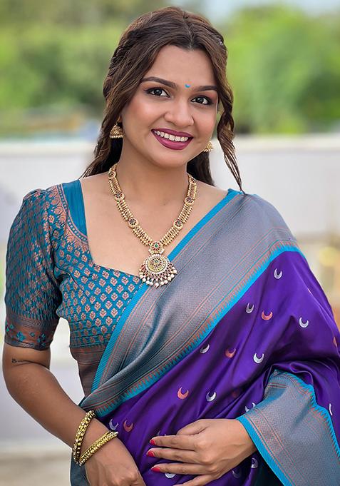 Purple Woven Design Paithani Silk Saree Set
