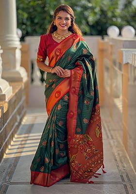 Green Woven Design Paithani Silk Saree Set