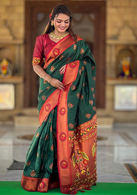 Green Woven Design Paithani Silk Saree Set