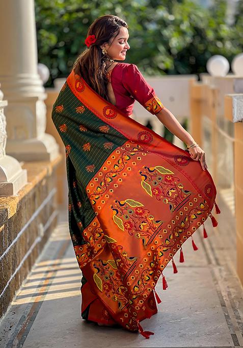 Green Woven Design Paithani Silk Saree Set