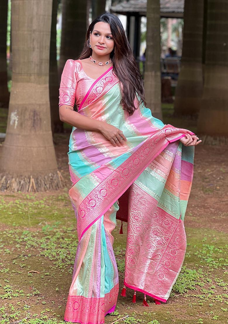 Multicolor Woven Design Banarasi Silk Saree Set
