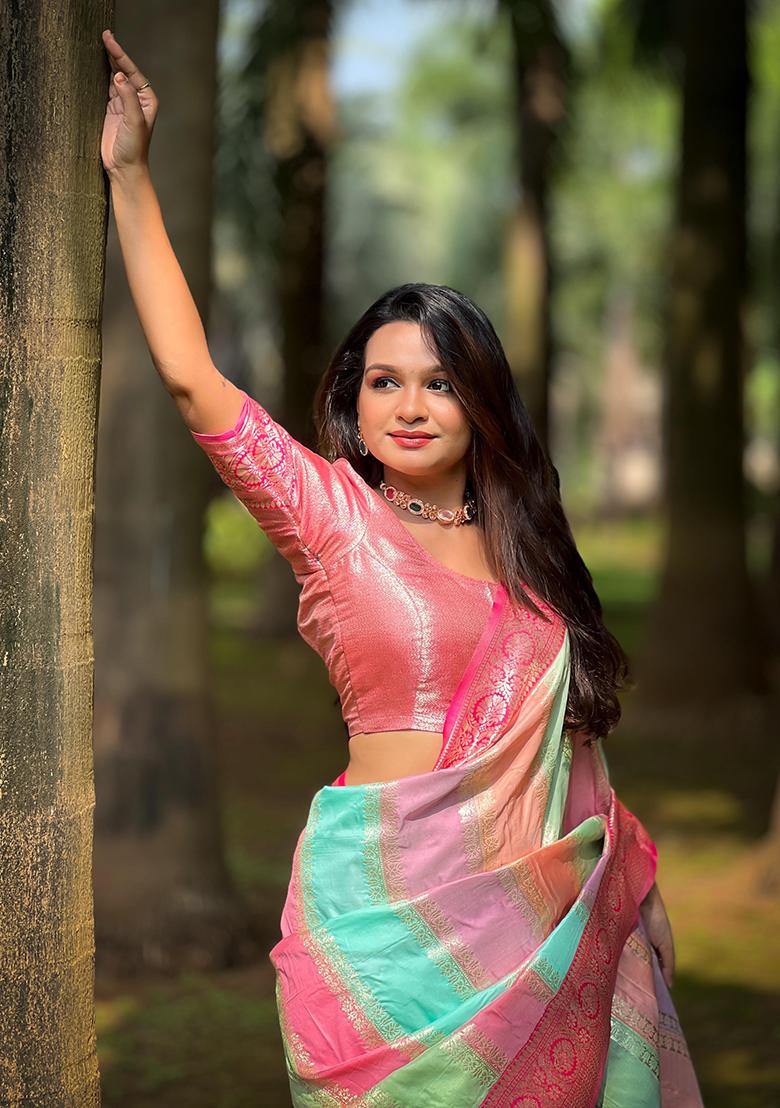 Multicolor Woven Design Banarasi Silk Saree Set