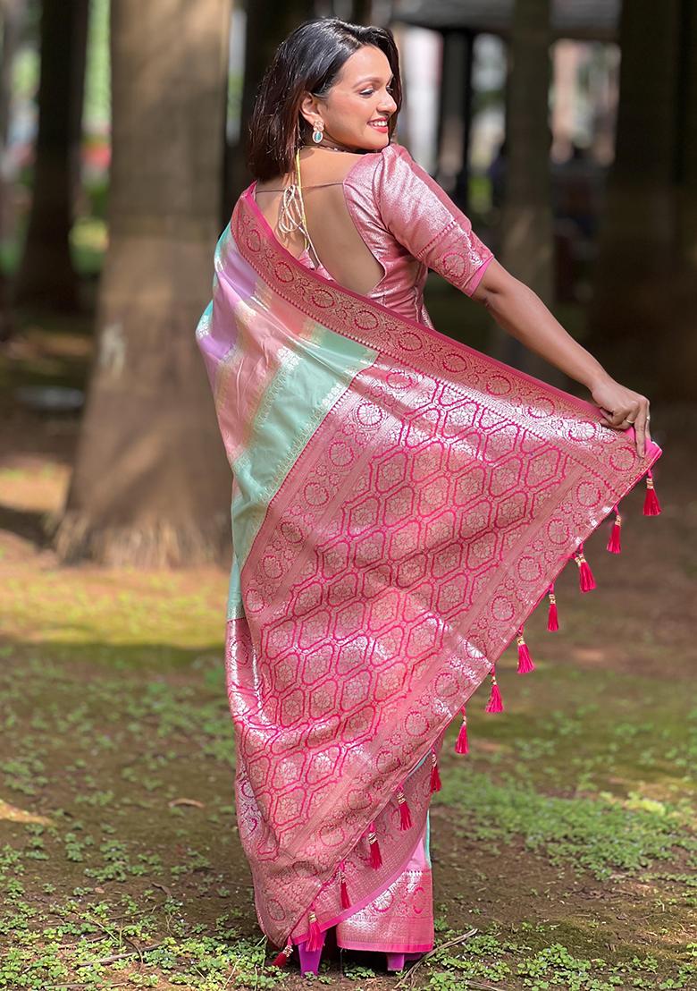 Multicolor Woven Design Banarasi Silk Saree Set