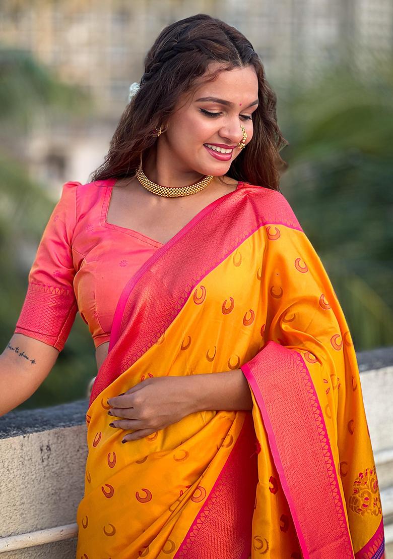 Yellow Woven Design Paithani Silk Saree Set