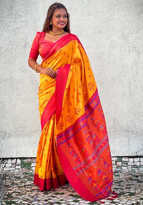 Yellow Woven Design Paithani Silk Saree Set