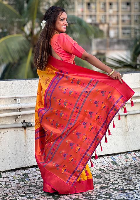 Yellow Woven Design Paithani Silk Saree Set