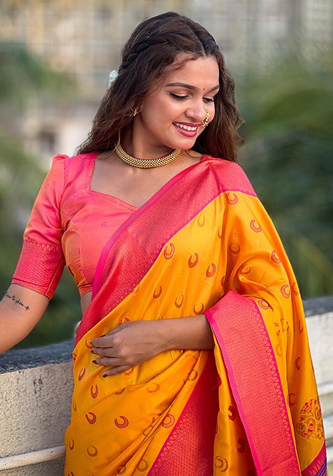 Yellow Woven Design Paithani Silk Saree Set