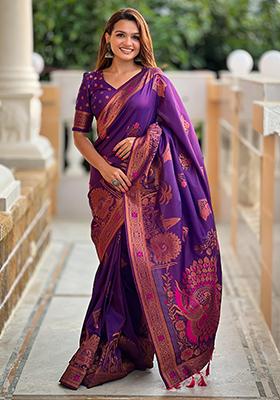 Purple Woven Design Paithani Silk Saree Set