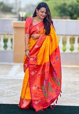 Yellow Woven Design Paithani Silk Saree Set