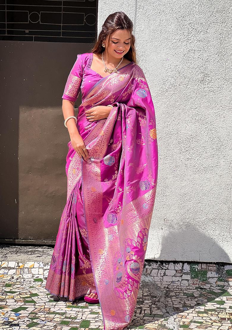 Lavender Woven Design Banarasi Silk Saree Set