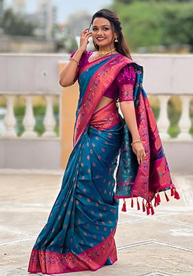 Rama Blue Woven Design Paithani Silk Saree Set
