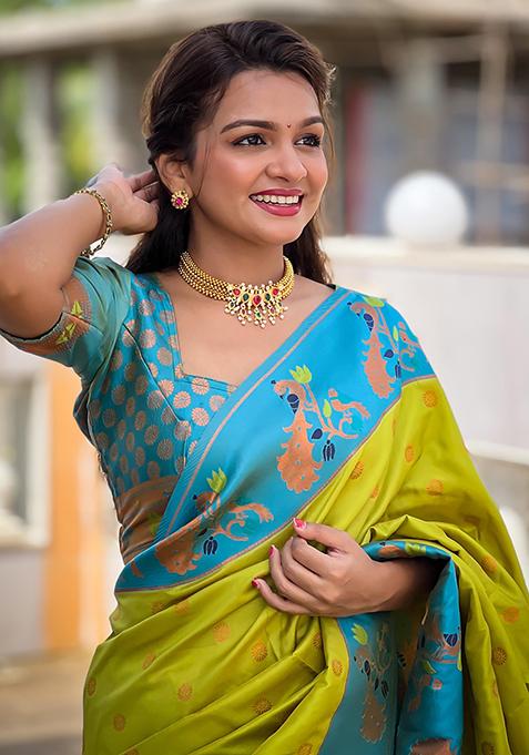 Popati Green Woven Design Paithani Silk Saree Set
