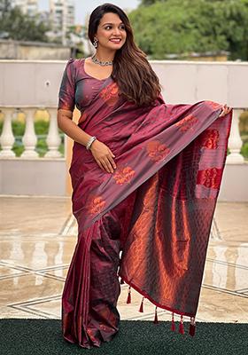 Wine Woven Design Soft Silk Saree Set
