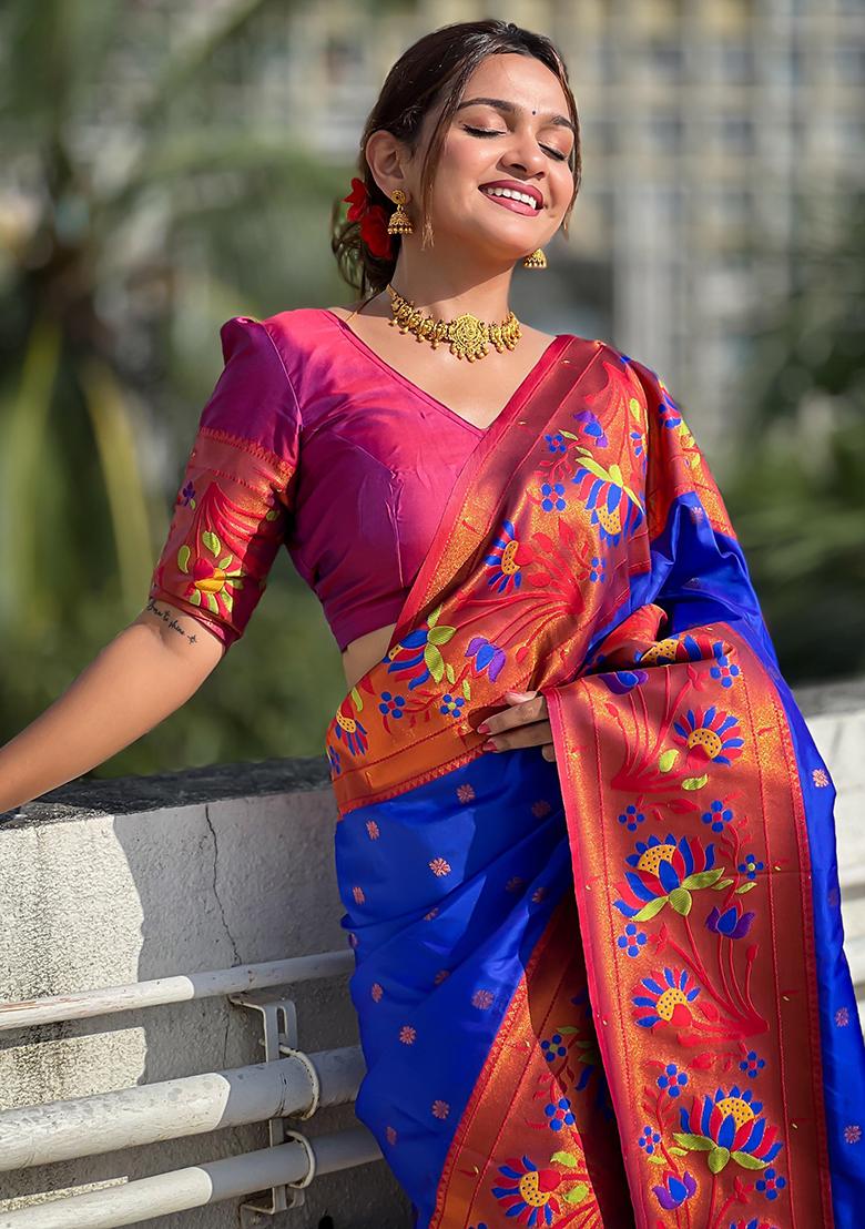 Royal Blue Woven Design Soft Silk Saree Set