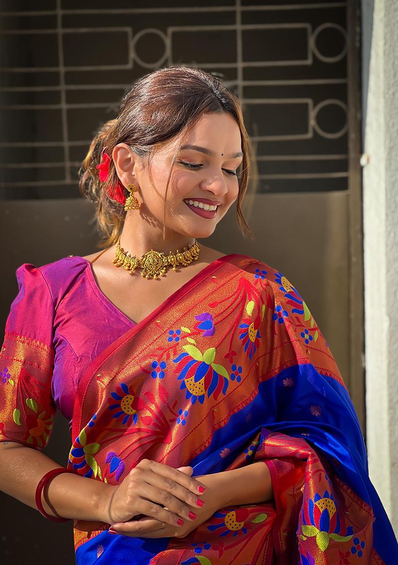 Royal Blue Woven Design Soft Silk Saree Set