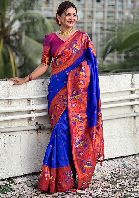 Royal Blue Woven Design Soft Silk Saree Set