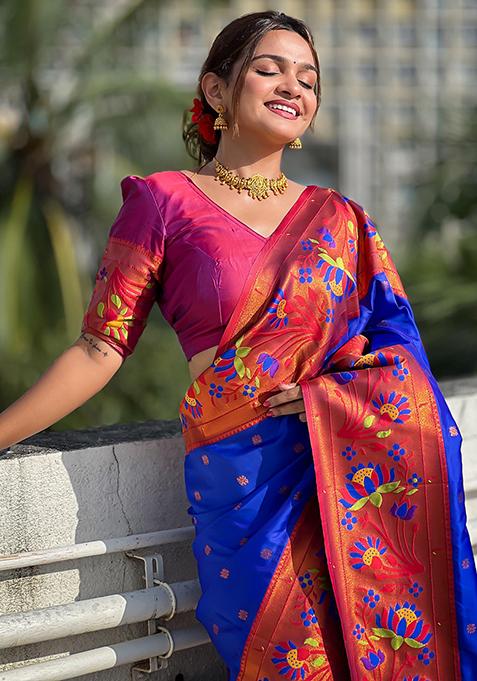 Royal Blue Woven Design Soft Silk Saree Set