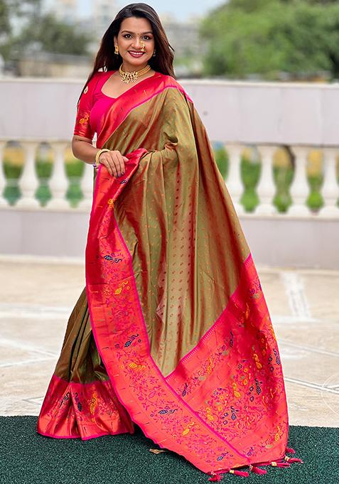 Mehendi Woven Design Paithani Silk Saree Set