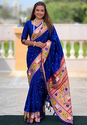 Royal Blue Woven Design Paithani Silk Saree Set
