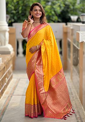 Yellow Woven Design Banarasi Silk Saree Set
