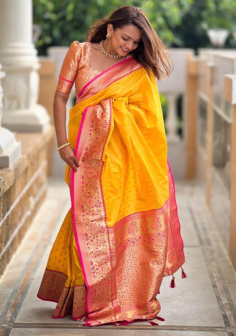 Yellow Woven Design Banarasi Silk Saree Set