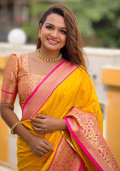 Yellow Woven Design Banarasi Silk Saree Set
