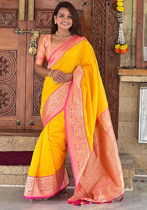 Yellow Woven Design Banarasi Silk Saree Set