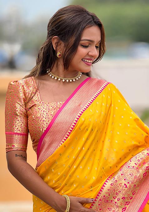 Yellow Woven Design Banarasi Silk Saree Set