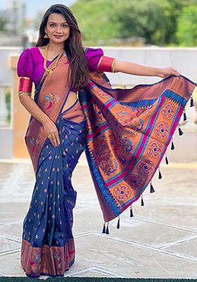 Navy Blue Woven Design Paithani Silk Saree Set
