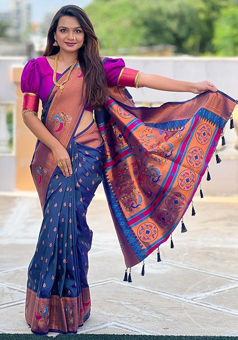 Navy Blue Woven Design Paithani Silk Saree Set