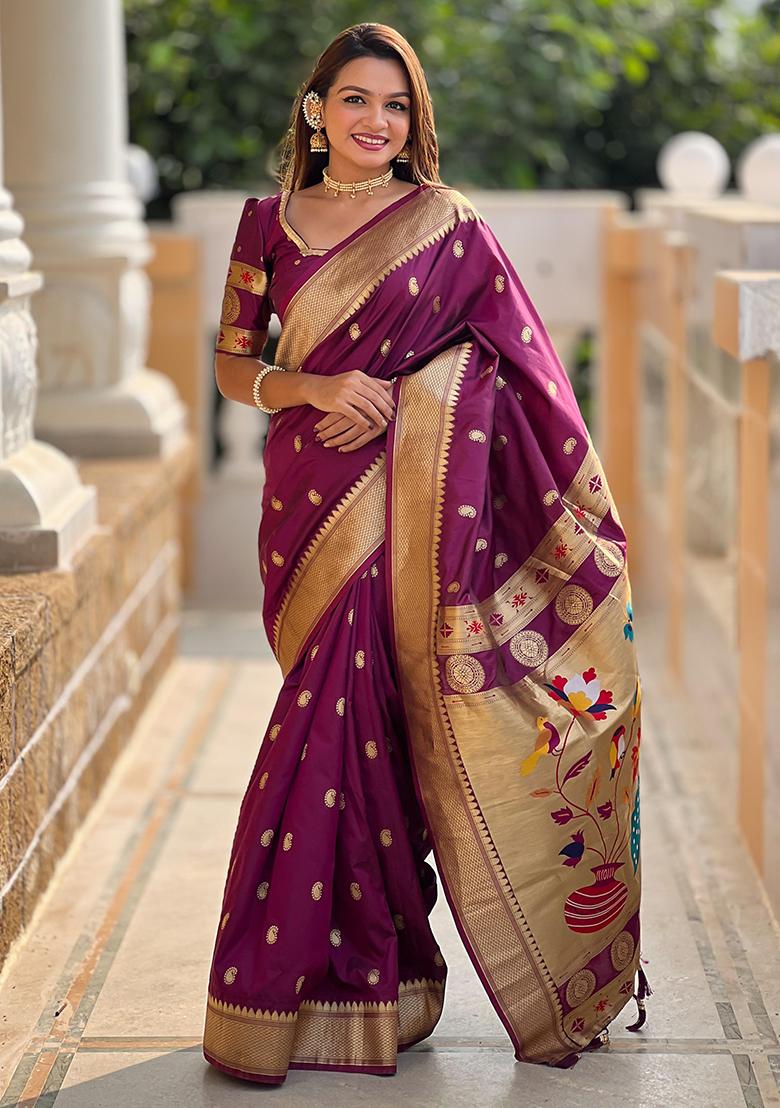 Wine Woven Design Paithani Silk Saree Set