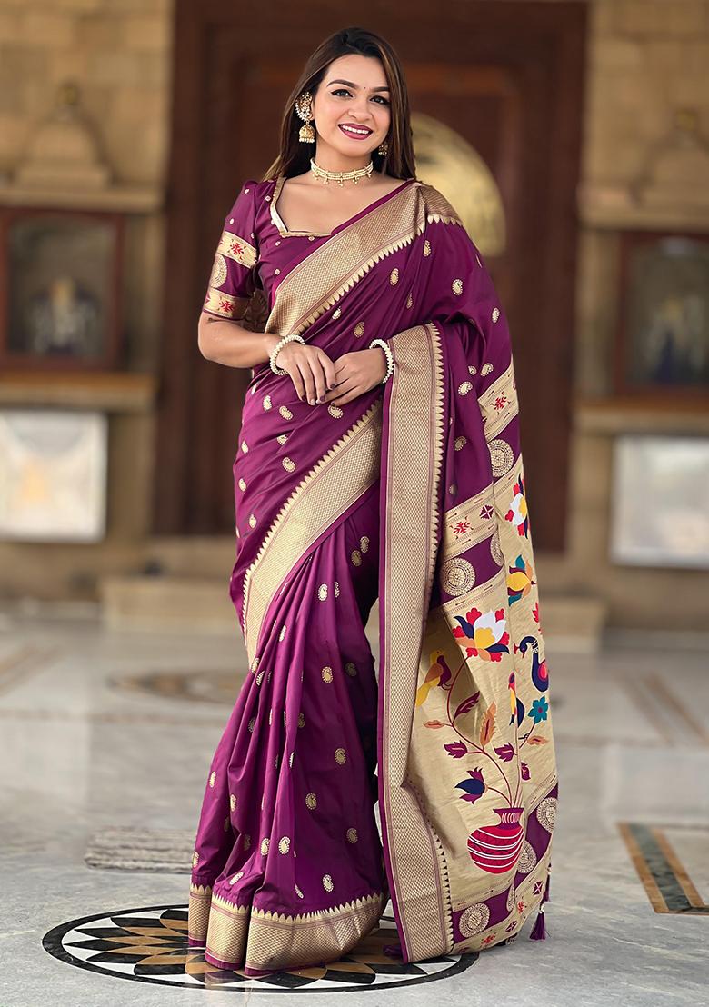 Wine Woven Design Paithani Silk Saree Set