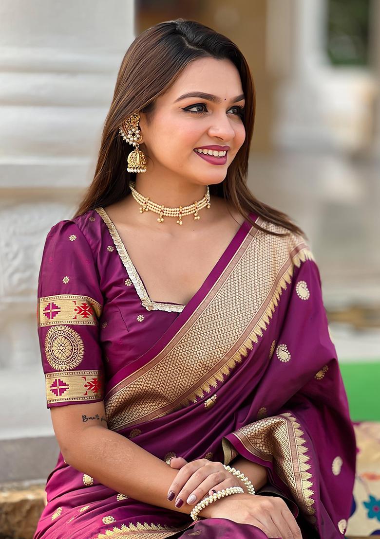 Wine Woven Design Paithani Silk Saree Set