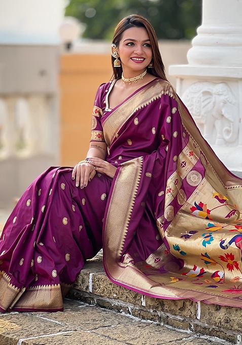 Wine Woven Design Paithani Silk Saree Set