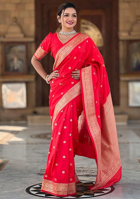 Red Woven Design Soft Silk Saree Set